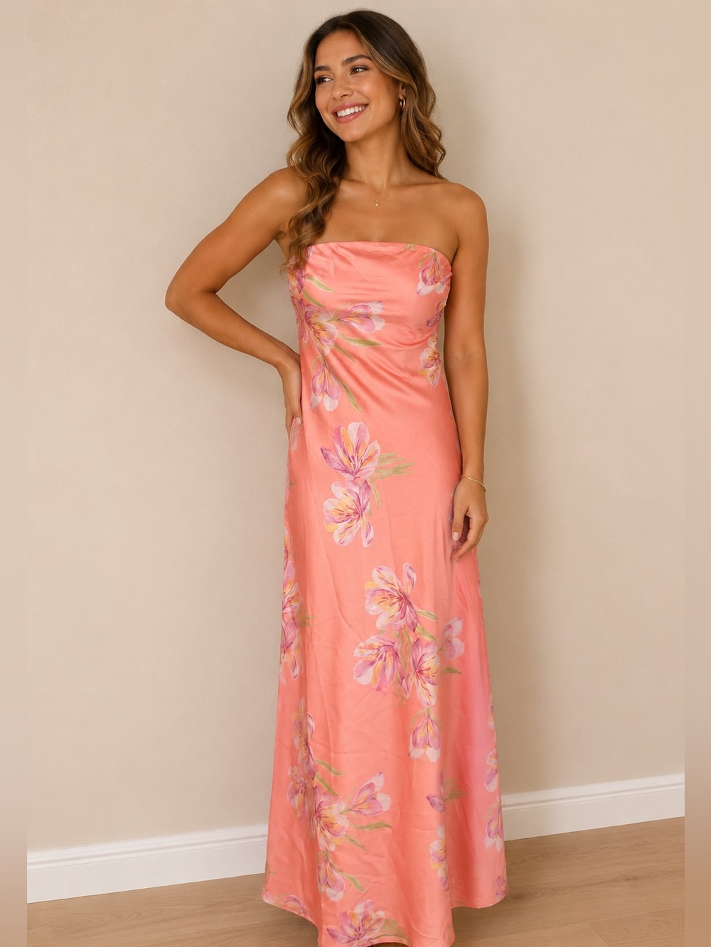 Paper Heart Coral Floral Strapless Maxi Dress – Size S